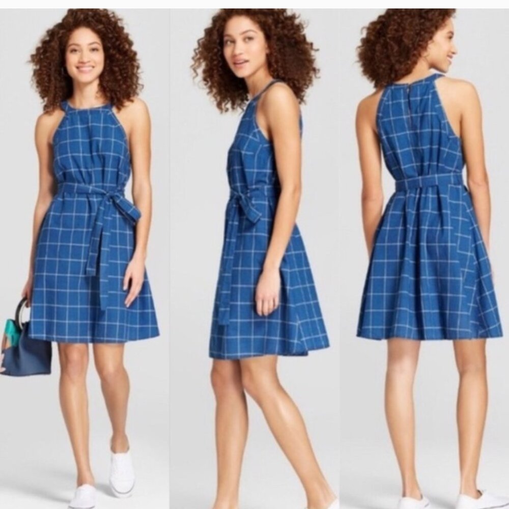 Blue chambray windowpane cotton halter neck A-line dress w/ tie belt